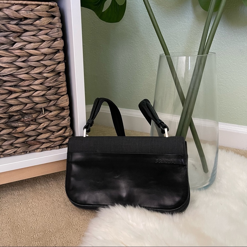Prada Vitello Vintage Y2K Black & Gray Leather Canvas Single Strap Shoulder Bag